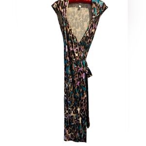 Diane Von Furstenberg Teal, Purple and Brown Leopard Wrap Midi Dress